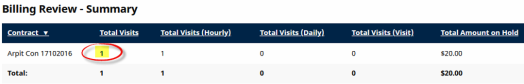 The Billing Review Summary results display a contract with one (1) hyperlinked Total Visit at the top of the table  of contracts.